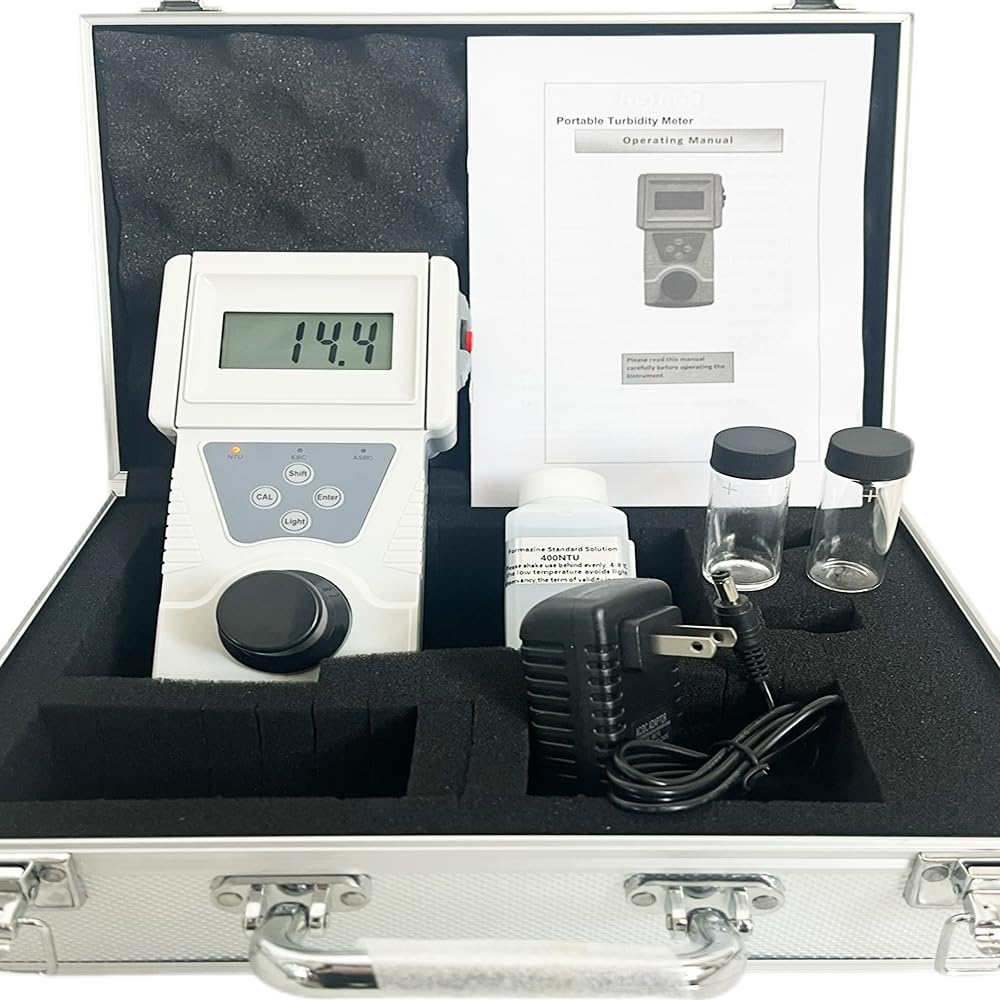 VTSYIQI Portable Turbidity Meter Turbidity Analyzer Tester Kit with Resoultion 0.01 Turbidimeter Calibration Solution Kit Range 0 to 200 NTU Accuracy 0.1 NTU LCD Backlight Display ISO7027 Compliant