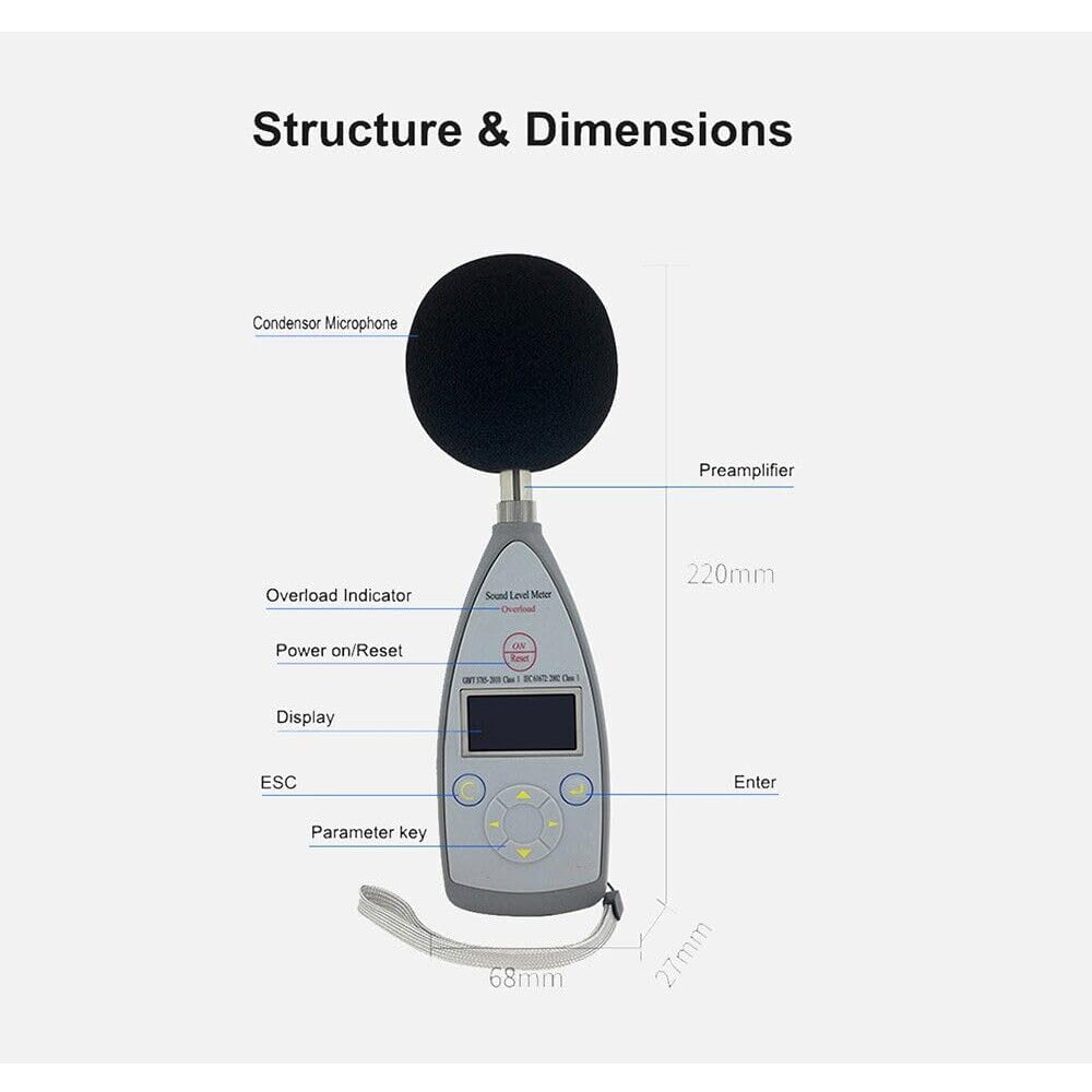 VTSYIQI Portable Class 1 Sound Level Meter Integrating Sound Level Tester Multifunctional Noise Measurement with Integrating Function 10 Hz-20 kHz 25dB(A)-140dB(A) 8000 Groups Storage AC DC USB RS232