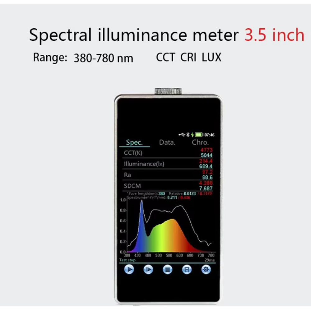 VTSYIQI Spectral Illuminance Meter Spectral Color Illuminometer Spectral Irradiance Tester with Wavelength Range 380nm～780nm x,y Coordinate Values x,y Accuracy ±0.0015 x, y Repeatability ± 0.0005 Photosensitive Surface Ф10mm