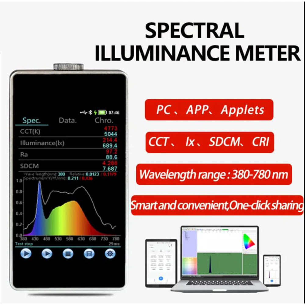 VTSYIQI Spectral Illuminance Meter Handheld Spectrometer with Telephoto Cross Asymmetric CT Spectroscopy System Wavelength Range 380nm～780nm Wavelength Accuracy ±0.5nm Photosensitive Surface Ф10mm 4G Storage Capacity Touch Screen