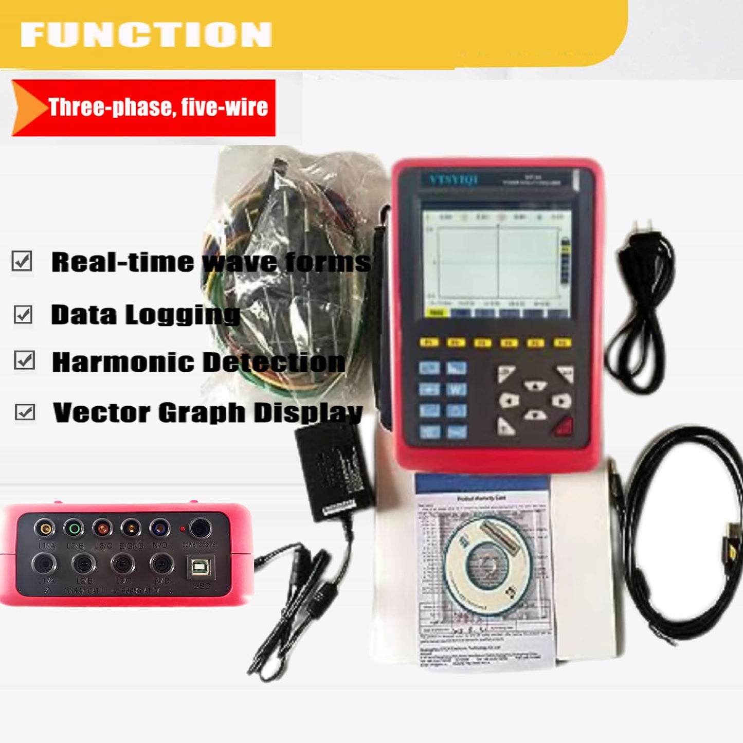 VTSYIQI Three Phase Power Quality Analyzer Measurement with Ф68mm Current Clamp Sensor with 1000A Round Jaw Current Clamp Phase Voltage 1.0V to 1000V Frequency 40Hz to 70Hz 150 Groups Data Storage