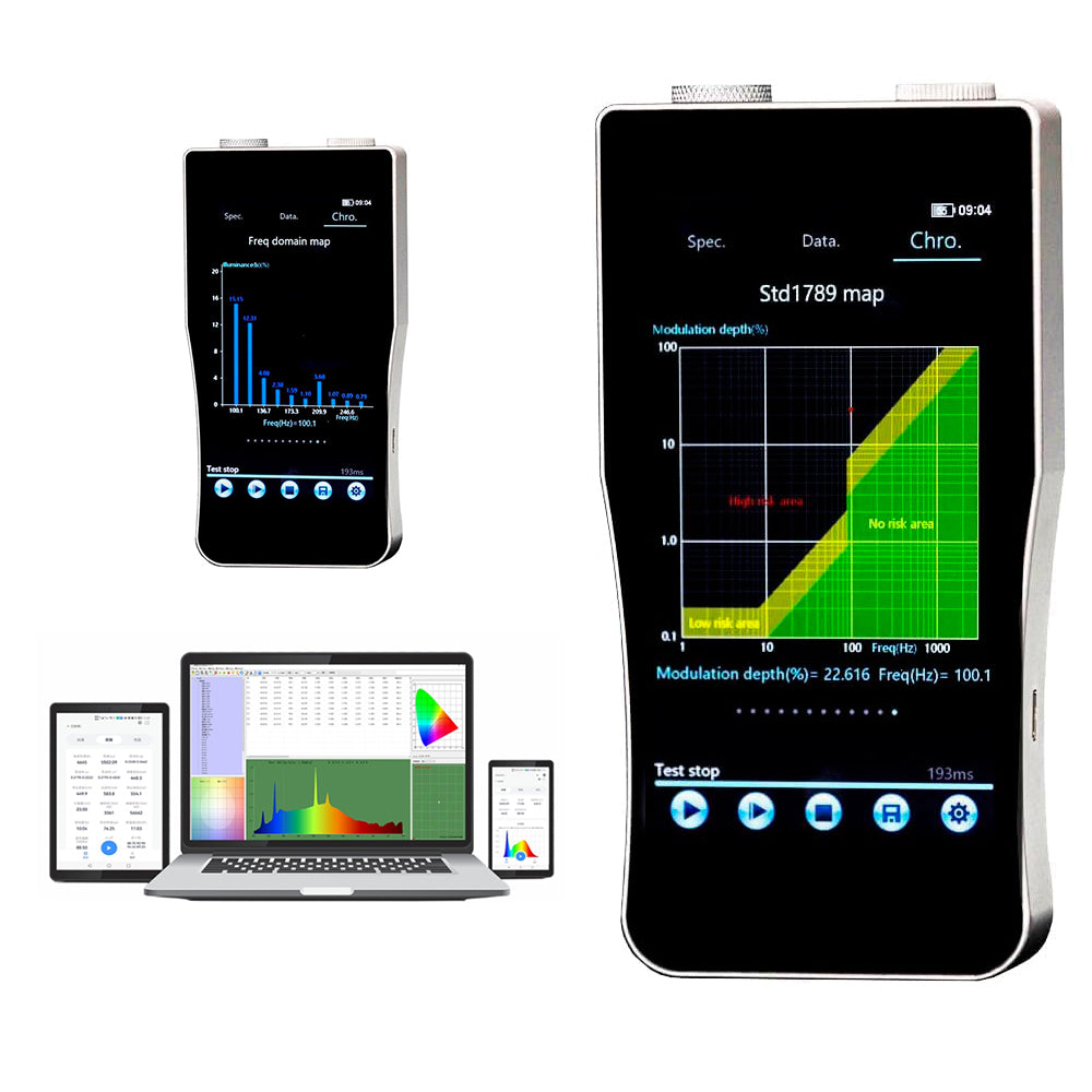 VTSYIQI Flicker Spectrometer Strobe Spectral Illuminometer Flicker Spectral Illuminance Meter with Telephoto Cross Asymmetric CT Spectroscopy System Wavelength Range 380nm～780nm Wavelength Data Output Interval 1nm 5-inch Touch Screen