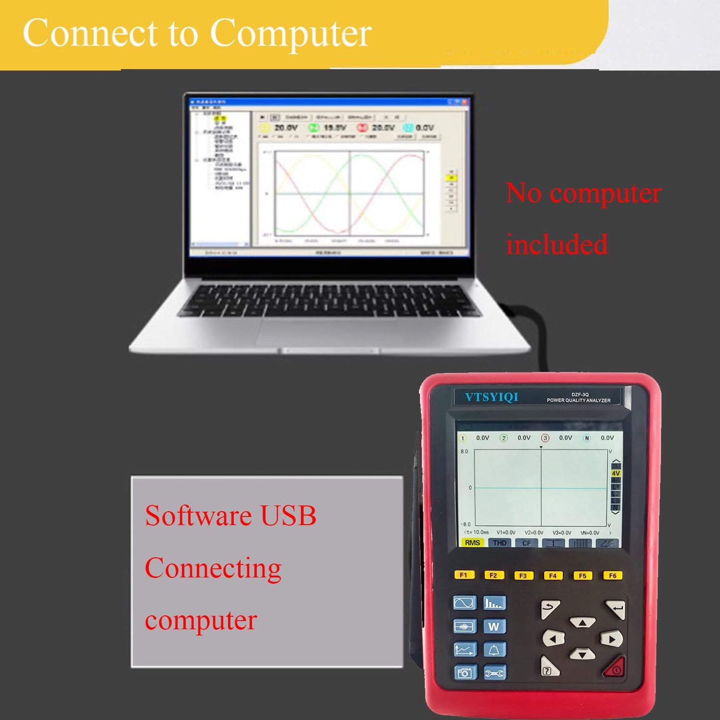 VTSYIQI 3 Phase Power Quality Logger Energy Power Quality Analyser with Range 1.0A～1000A 4PCS 68mm×68mm Round Jaw Current Sensor USB Interface Real-time Waveform Display