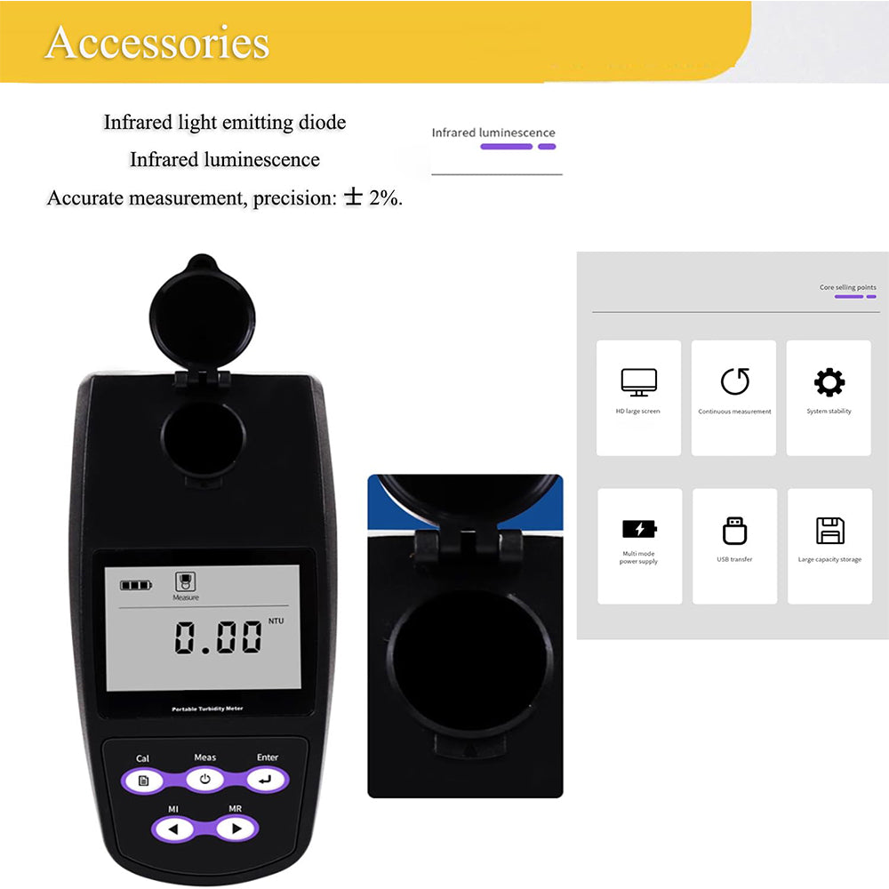 VTSYIQI Portable Turbidity Meter Kit Handheld Turbidity Tester Measurement with Range 0 to 1100 NTU/FNU 0 to 275 EBC 0 to 9999 ASBC Resolution 0.01 ASTM ISO 7027 Standard Nephelometric Principle