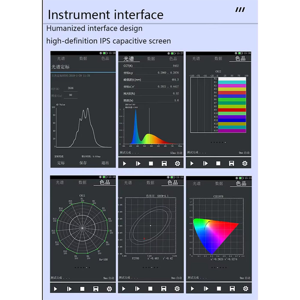 VTSYIQI Spectral Illuminance Meter Handheld Spectrometer with Telephoto Cross Asymmetric CT Spectroscopy System Wavelength Range 380nm～780nm Wavelength Accuracy ±0.5nm Photosensitive Surface Ф10mm 4G Storage Capacity Touch Screen