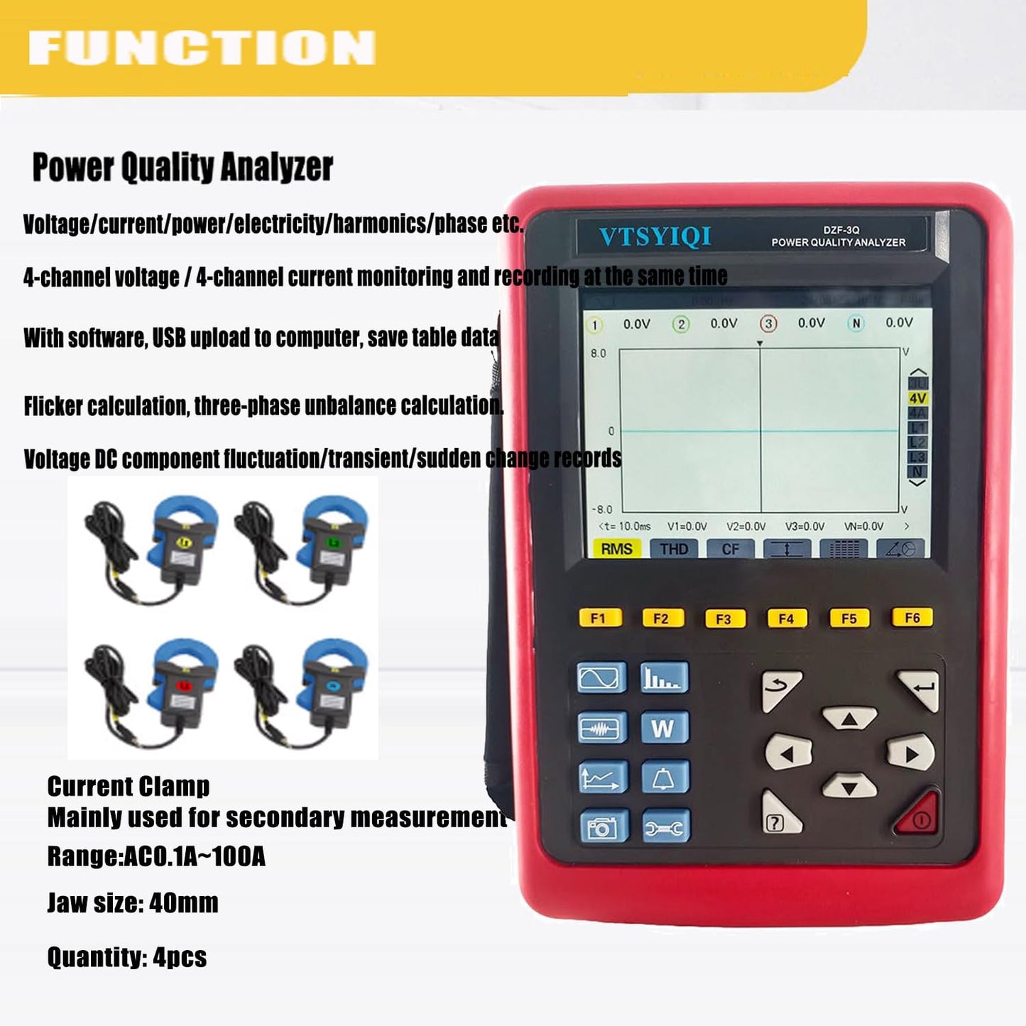 VTSYIQI 3 Phase Power Quality Logger Energy Power Quality Analyser with Range 1.0A～1000A 4PCS 68mm×68mm Round Jaw Current Sensor USB Interface Real-time Waveform Display