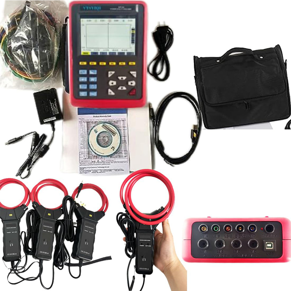 VTSYIQI Energy Quality Analyzer Three-Phase Energy Quality Data Logger with 4PCS Ф300mm Flexible Coil Current Sensor Range 10-6000A Automatic Phasor Diagram Display USB Interface Starting Current Monitoring Transient Capture Function