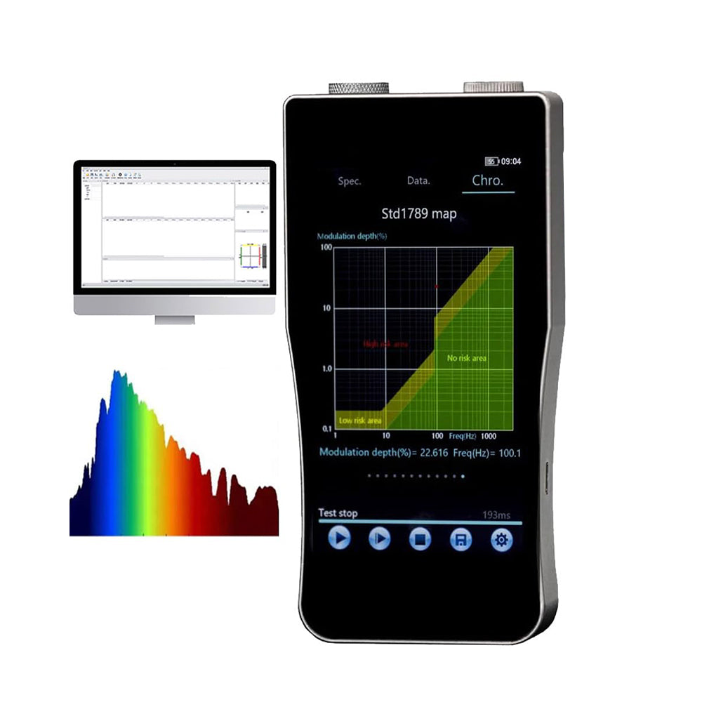 VTSYIQI Blue Light Spectral Illuminometer Scintillation Spectrum Tester with Touch Screen Wavelength Range 350~800nm High-Precision CCD Sensor File Saving Format Source File/PDF/EXCEL 5-inch Touch Screen Single Test/Continuous Test