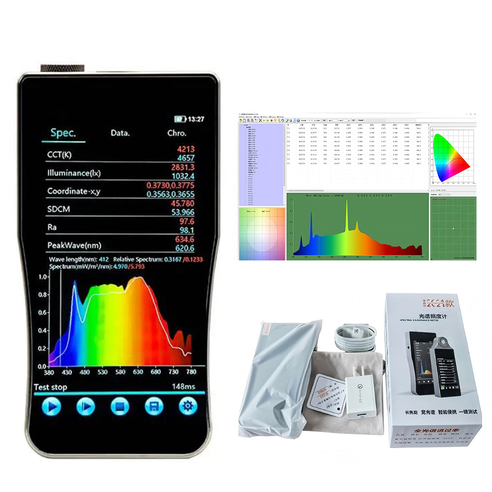 VTSYIQI Blue Light Spectrometerr Blue Light Spectral Illuminometer with Wavelength Range 350~800nm Spectral Bandwidth Approximately 2 nm Integration Time Range 50µs～10000ms 5-Inch High-Definition Touch Screen Auto Integration Mode