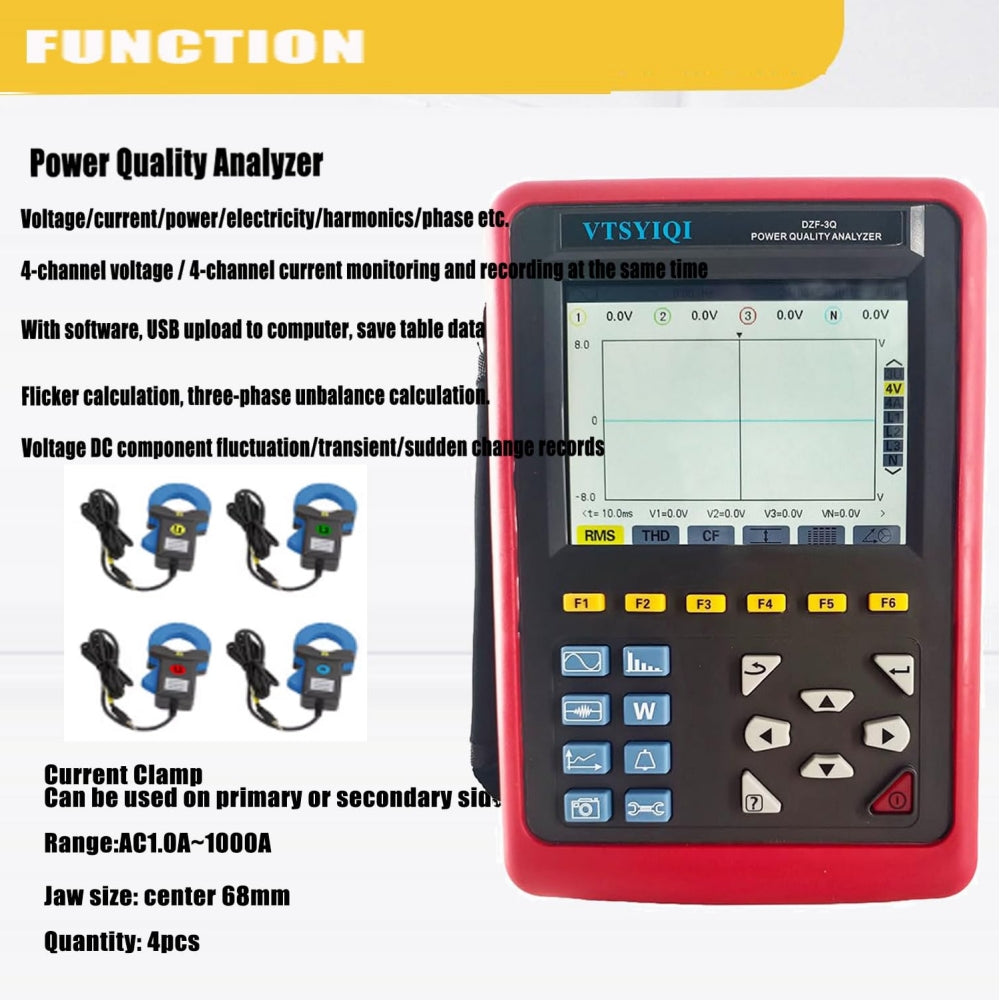 VTSYIQI Three Phase Power Quality Analyzer Power Quality Monitor Energy Quality Analyzer with 1.0A~1000A 4PCS 68mm×68mm Round Jaw Current Sensor Frequency 40Hz to 70Hz Real-time Waveform Display