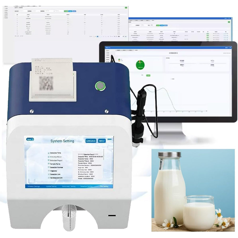 VTSYIQI Ultrasonic Dairy Analyzer Milk Analyzer Fat Protein Tester with Conductivity Range 2~14mS/cm PH Value Range 0~14 Thermal Printer for Fat Protein Lactose Non-fat Solid Density Water Content Ice Point Ash Milk Temperature pH Value Conductivity