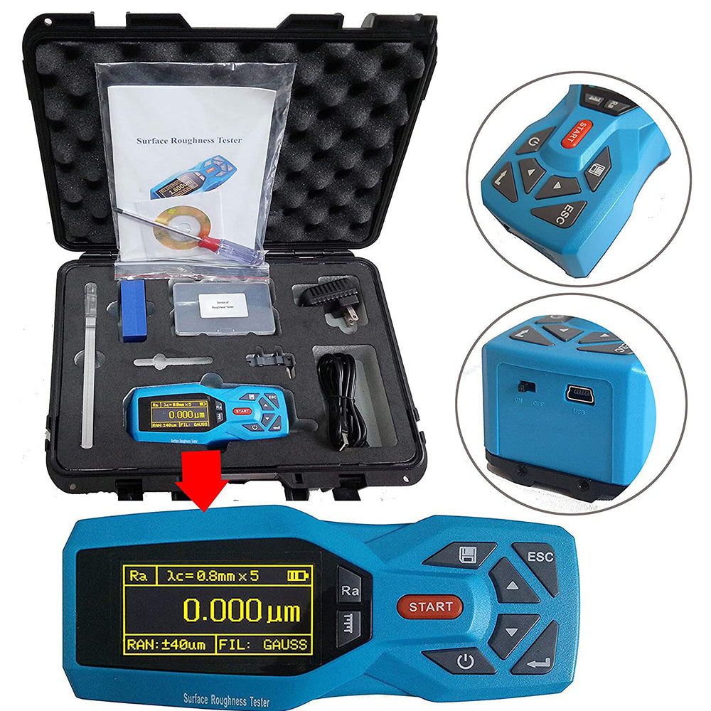 VTSYIQI Surface Roughness Gauge Digital Surface Roughness Tester with Indication Accuracy 0.001μm Maximum Drive Stroke 17.5mm/0.7 Inch 20 Testing Parameters Measuring Range (µm）Ra 0.005-16.000 Rz 0.02-160.00 Data Storage 100 Groups