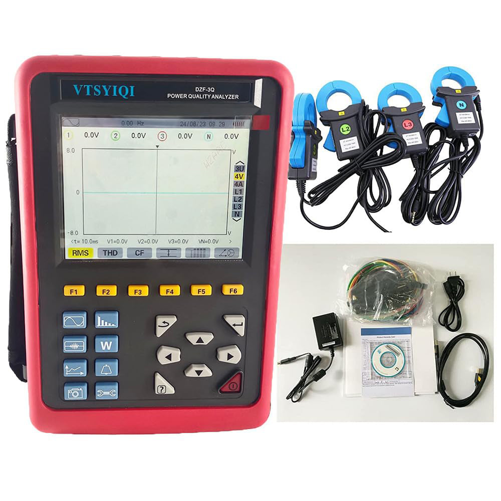 VTSYIQI Power Quality Analyzer Tester Meter Multifunctional Three Phase Power Quality Monitor with 4pcs Clamp On Current Sensor Range 1.0V to 1000V