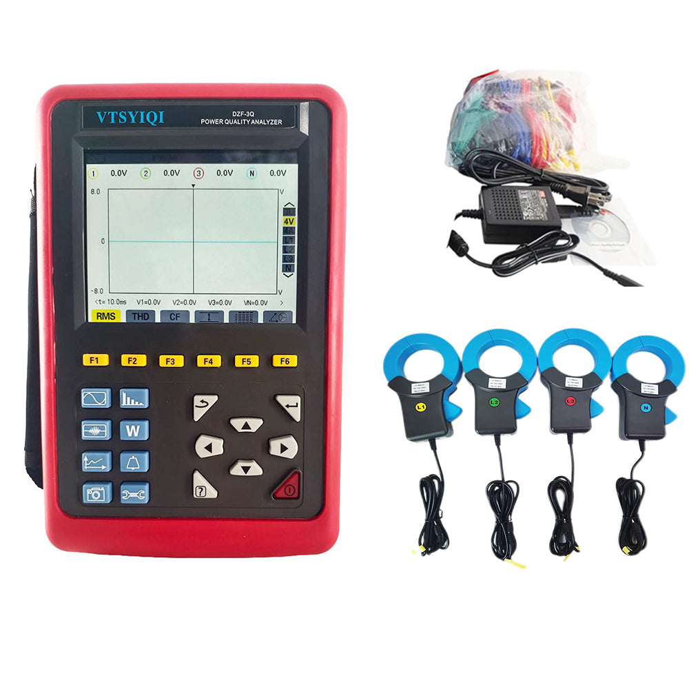 VTSYIQI Power Quality Meter Power Quality Analyzers Power Quality Measurement with 4 Current Clamp Range 1.0A～1000A Jaw Size 68mm×68mm Recording and Storing Function