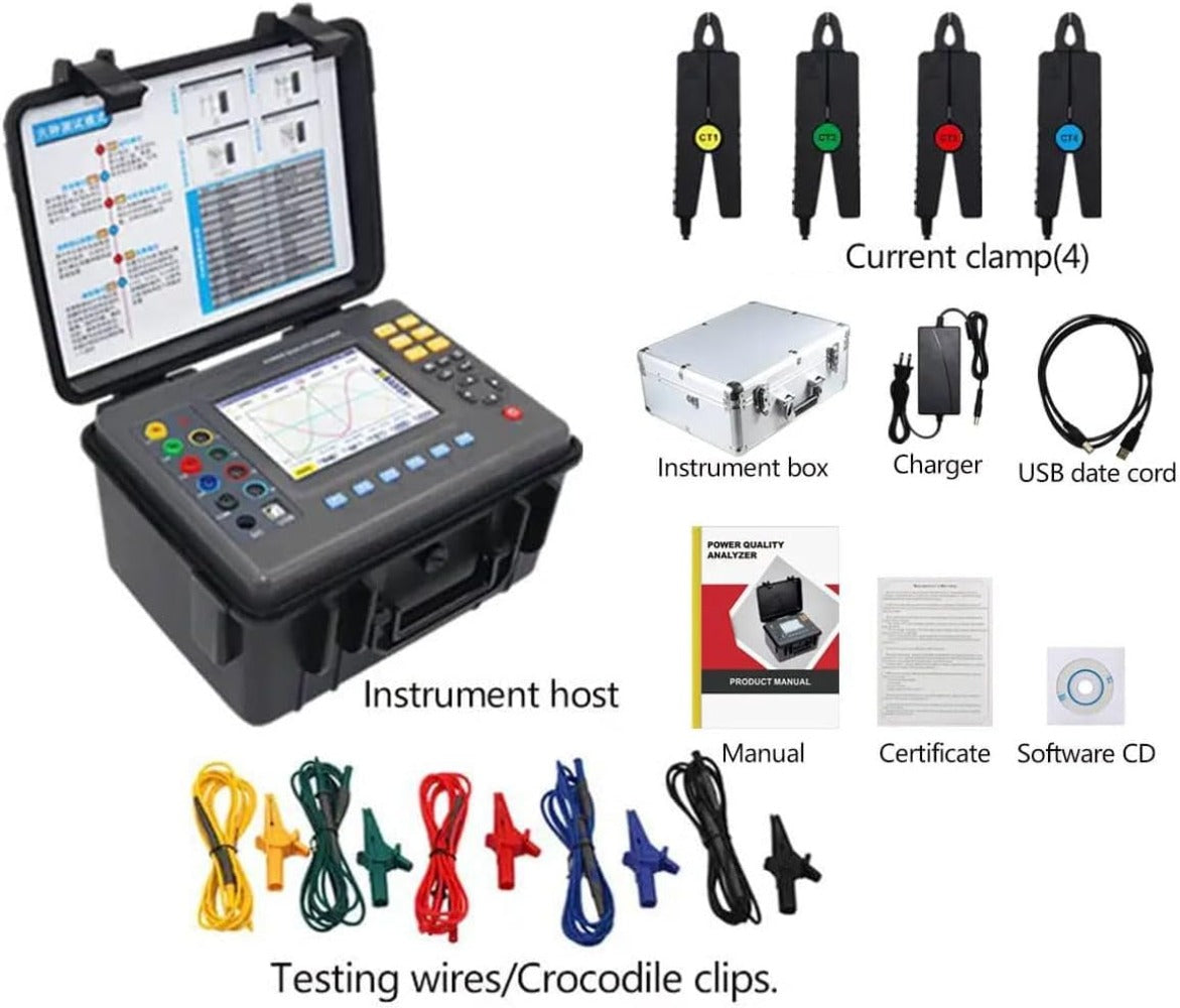 VTSYIQI Power Quality Analyzer Meter 3-Phase Power Quality Analyzer Energy Analyzer with Small Sharp Current Clamp 8mm×15mm Current Clamp 10mA to 10.0A Real-time Waveform USB 150 groups Data Records for Electric Power Railroad Quality Analysis