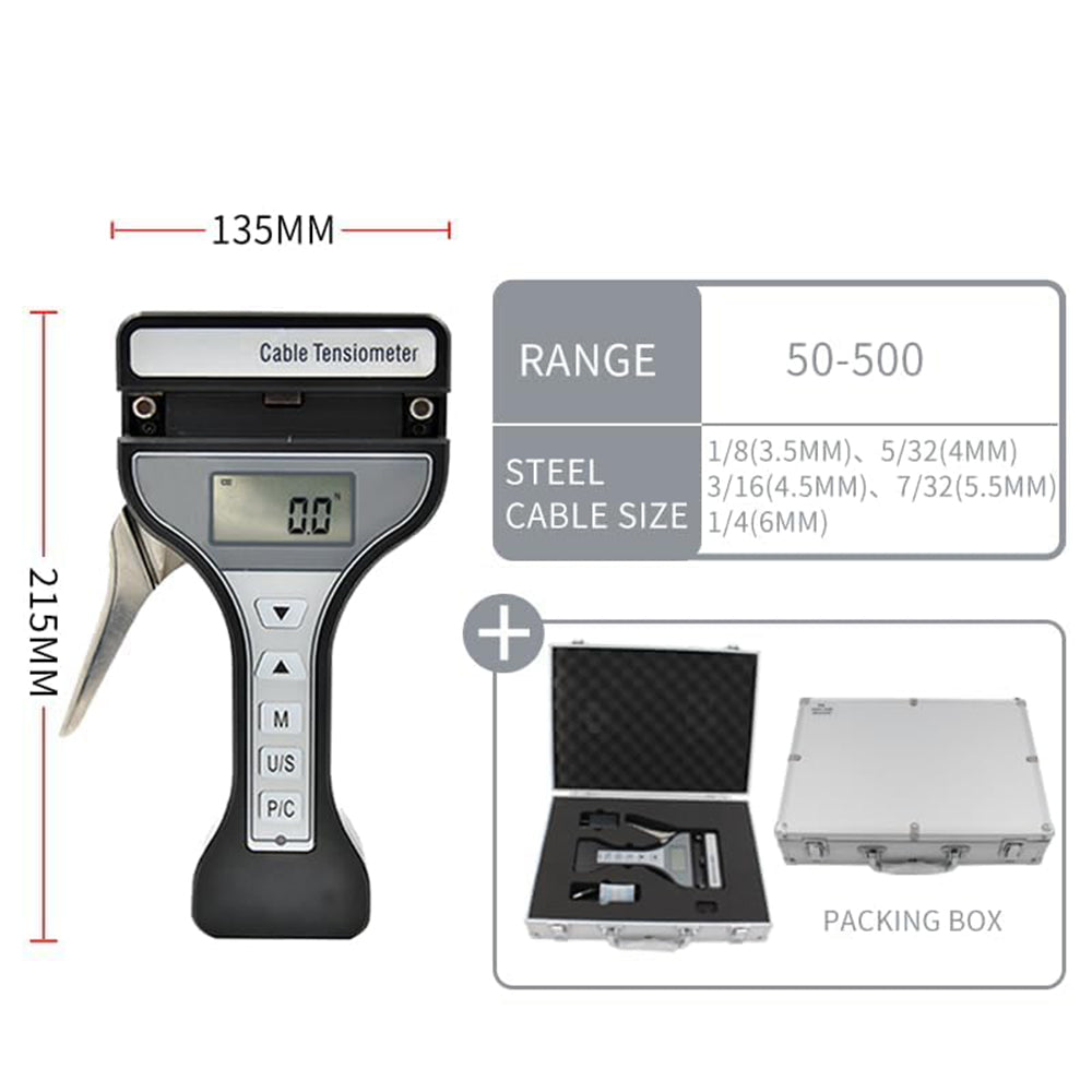 VTSYIQI Wire Rope Tensiometer Cable Tension Meter Tester Digital Rope Tension Gauge Tensiometer with Tension Range 50-500N Steel Cable Size 1/8(3.5mm) 5/32(4mm) 3/16(4.5mm) 7/32(5.5mm) 1/4(6mm)