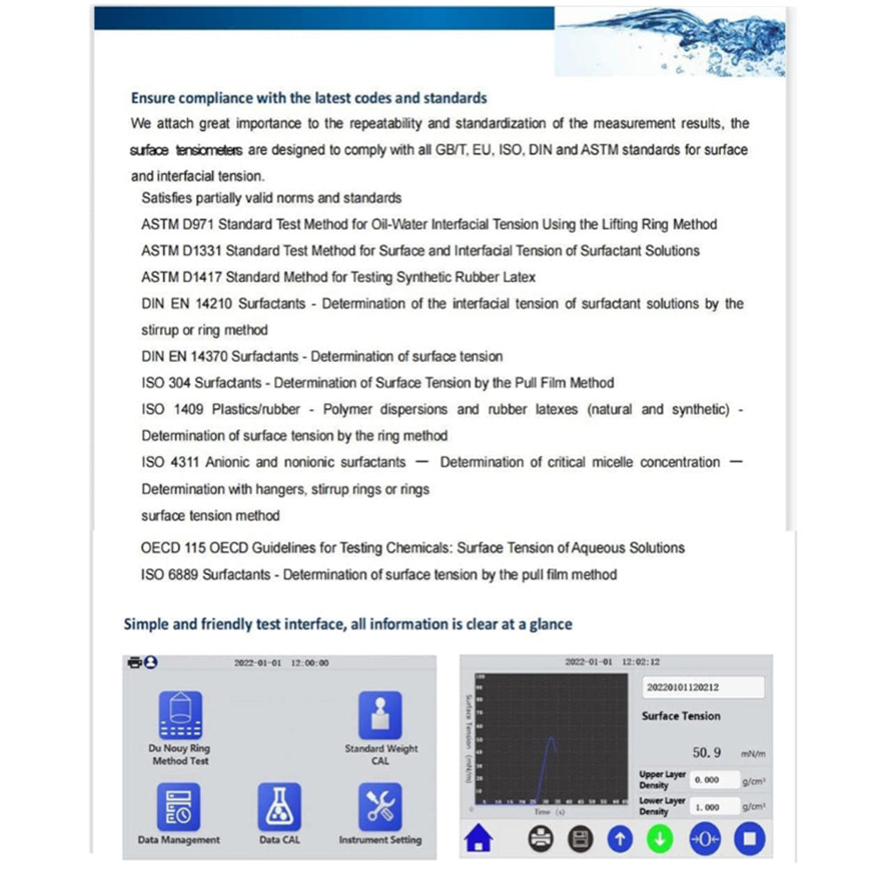 VTSYIQI Liquid Surface Tensiometer Interfacial Surface Tension Meter with Pt Board Wilhelmy Plate Method Measuring Modes Range 0 to 1000 mN/m Accuracy 0.1mN/m 4.3-inch Touch Screen