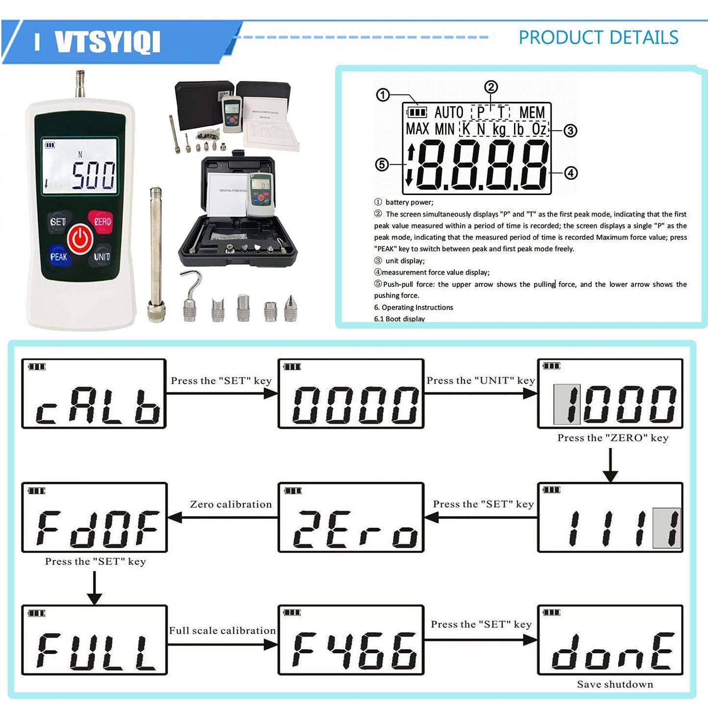 VTSYIQI Force Gauge Push Pull Gauge Digital Force Gauge with 50Kgf 110Lbf 1800Oz 500N for Electronic Appliances Construction Hardware Push-pull Load Insertion Fishing Gear Detection