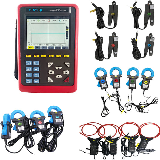 VTSYIQI Three Phase Power Quality Analyzer Meter Logger Recorder with Four Groups Current Sensor 10A+100A+1000A+6000A Full Set CT Size Ф8mm+Ф40mm+Ф68mm+Ф300mm Current True RMS 10mA to 6000A