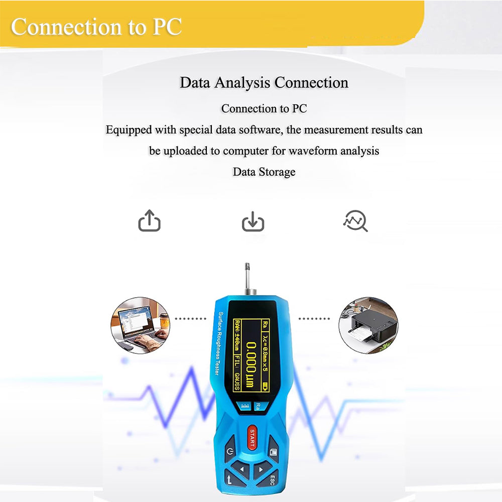 VTSYIQI Digital Surface Roughness Tester Meter 20 Parameters Handheld Portable Surface Profilometer with Range Ra 0.005 to 16.000um Rz 0.02 to 160.00um Indication Accuracy 0.001μm Range Ra Rz Real-time Clock Settings and Display