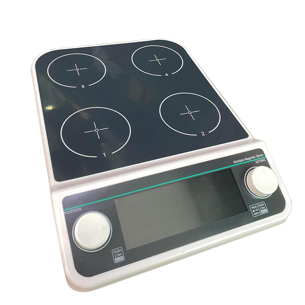 VTSYIQI 4 Position Magnetic Mixer Multi Place Magnetic Stirrer with RPM Range 50-1500rpm ﻿Number of Stirring Points 4 Max Stirring Volume 4 * 500 ML LCD Liquid Crystal Display Can be Run Synchronously or Asynchronously Brushless Motor