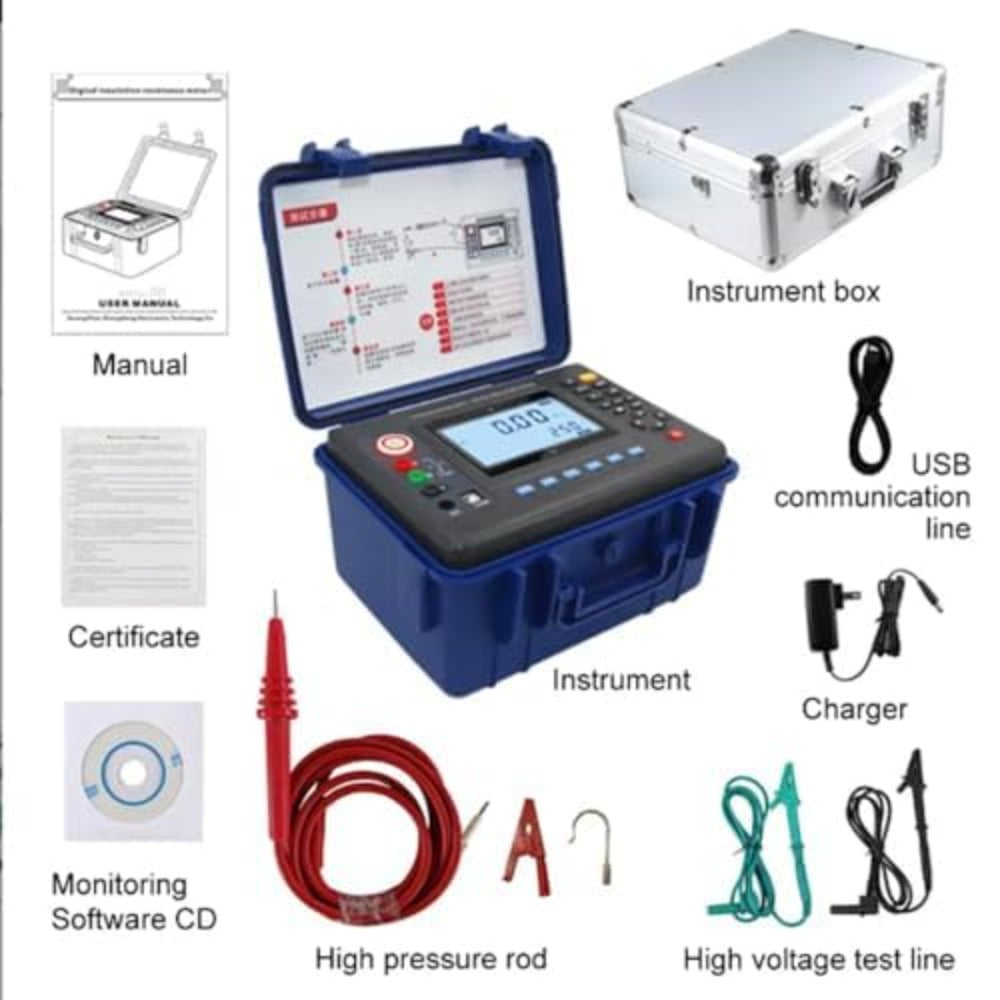 VTSYIQI High Voltage Insulation Tester 10Kv Insulation Resistance Tester Instrument with  Rated Voltage 250V 500V 1000V 2500V 5000V 10KV Resolution 0.01MΩ for Measuring Motor and Cable of Measurement