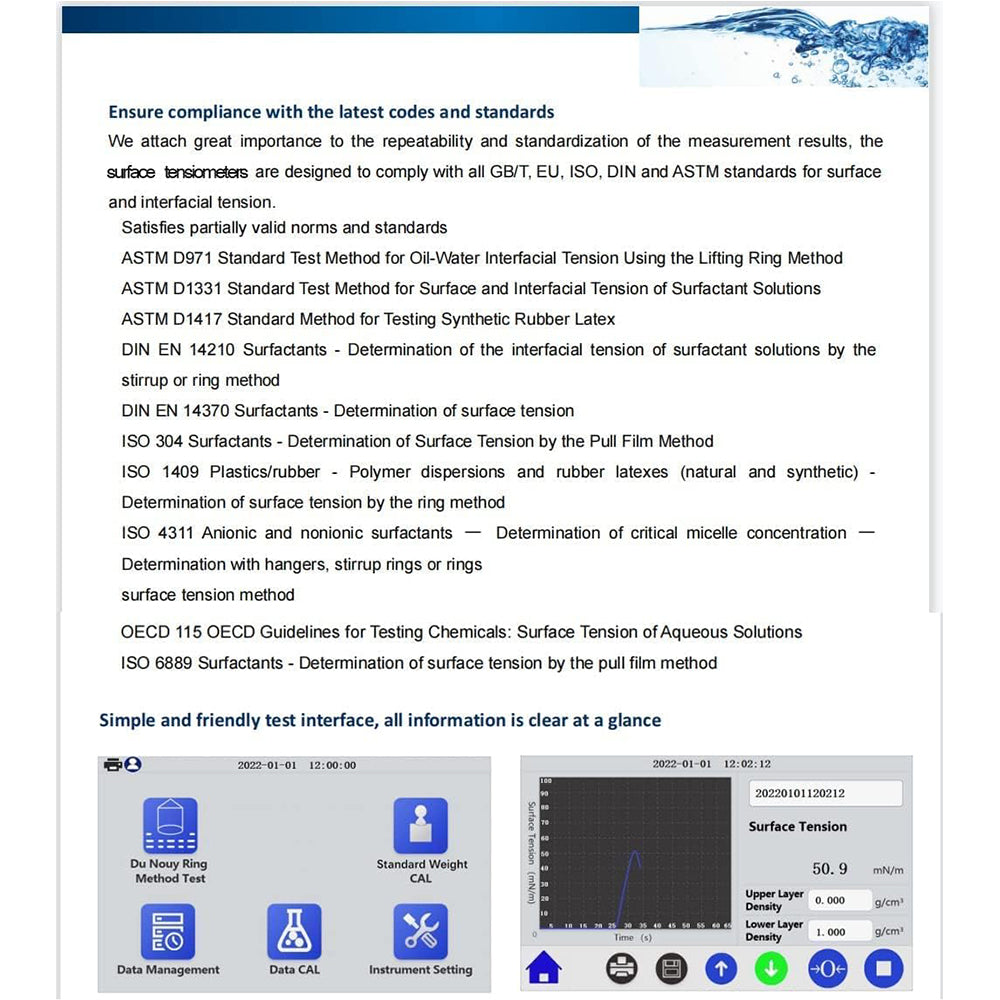 VTSYIQI Surface Tensiometer Surface Tension Measurement Automatic Surface Tensiometer with Test Range 0-1000mN/m Precision 0.1mN/m Du Nouy Ring Method ASTM D-971 Standard