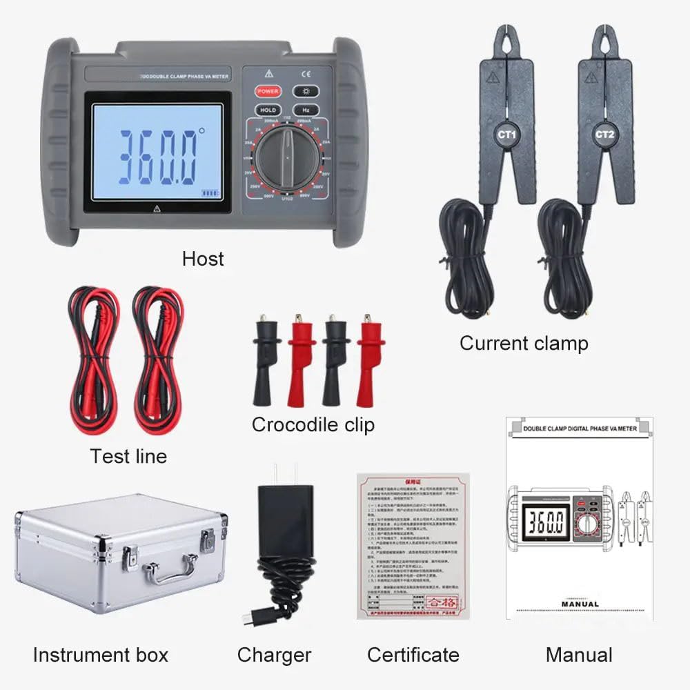 VTSYIQI Double Clamp Phase Voltammeter Dual Clamp Phase Voltammeter with  Range Manual Shift  Voltage Range AC 0.00V to 600V Current Range AC 0.0mA to 20.0A Phase Range 0.0°to 360.0°