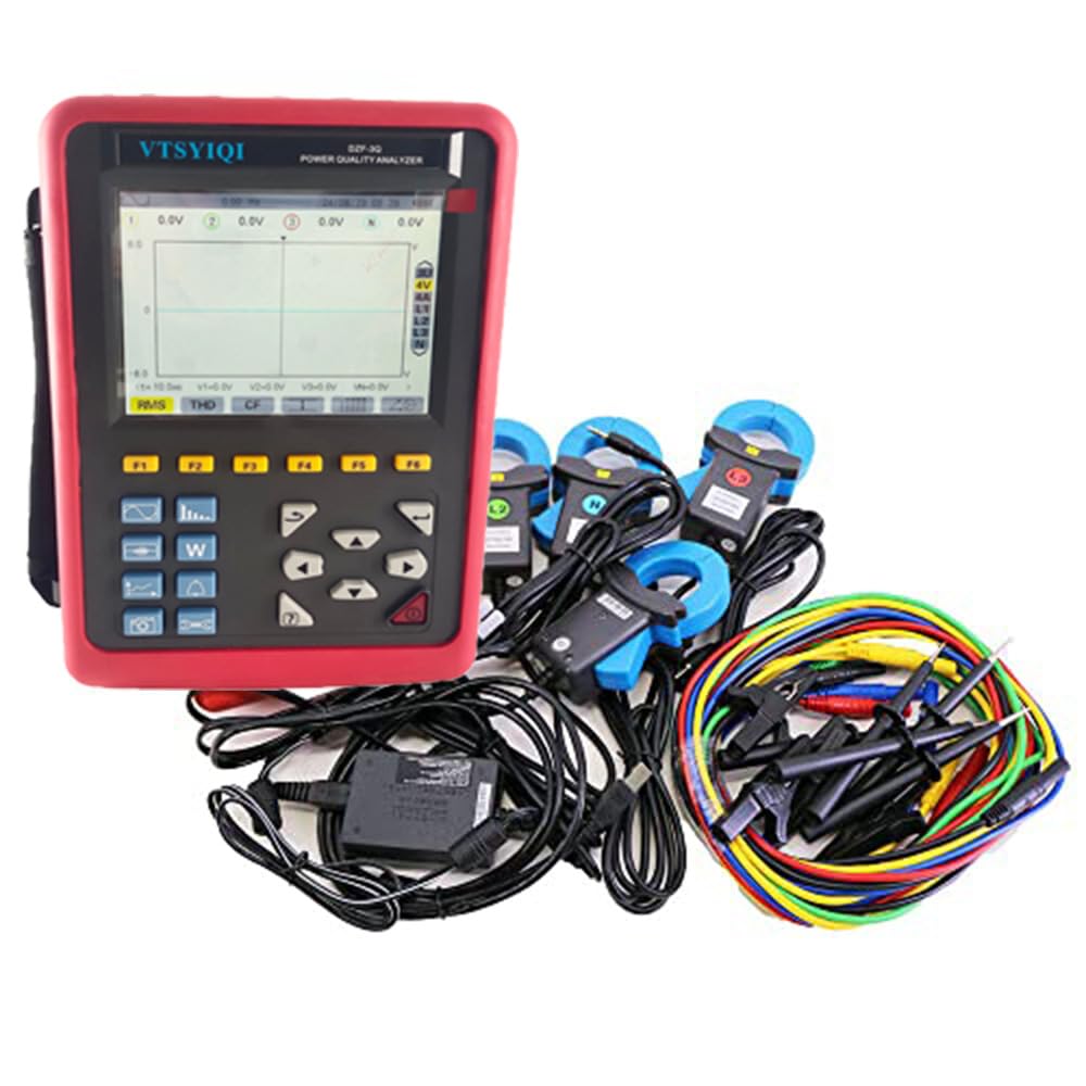 VTSYIQI Three Phase Power Quality Analyzer Electrical Power Quality Measurement Power Quality Analyzer with Range 1.0A～1000A 4 Current Clamp Sensor Capture and Monitoring Capabilities