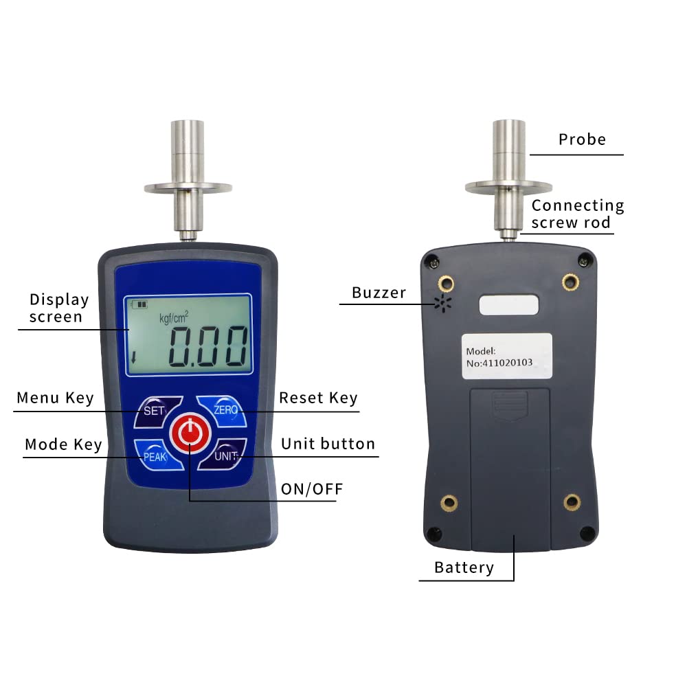 VTSYIQI Fruit Penetrometer Digital Fruit Hardness Tester Firmness Tester Sclerometer with 0.2-15kg/cm2 and 0.4-30kg/cm2 Indenter Diameter Φ7.9mm Φ11.1mm Real Time Peak for Hard Soft Fruits