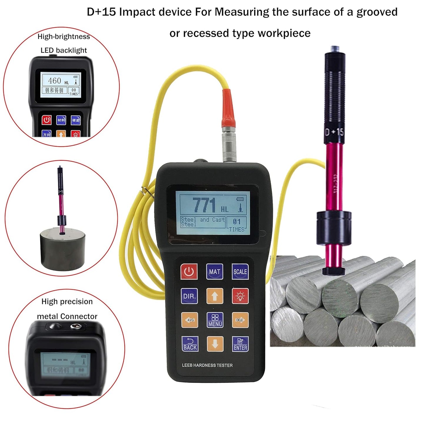 VTSYIQI Metal Leeb Hardness Tester Meter Gauge with D+15 Impact Device