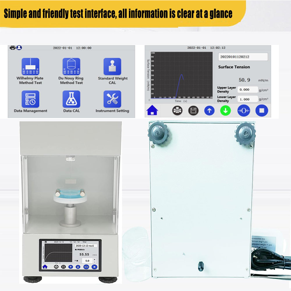 VTSYIQI Automatic Surface Tensiometer Surface Tension Measurement with  Platinum Board Range 0 to 1000mN/m 4.3-inch Touch Screen Accuracy 0.1mN/m Data Direct Reading Platinum Plate Method