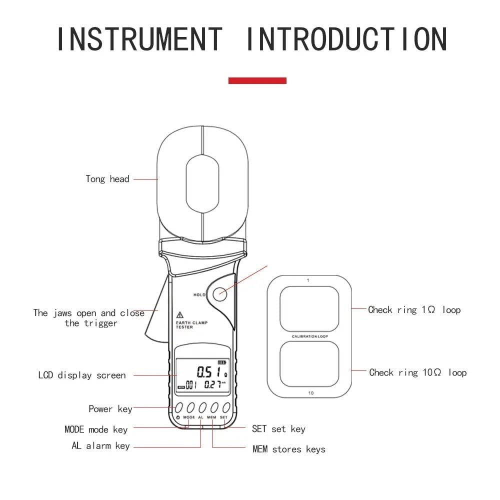 VTSYIQI Clamp Earth Ground Resistance Tester Loop Resistance Meter Ground Resistance Meter with Resistance Resolution 0.001Ω Resistance Range 0.01Ω-500Ω Resistance Accuracy ±1%±0.01Ω