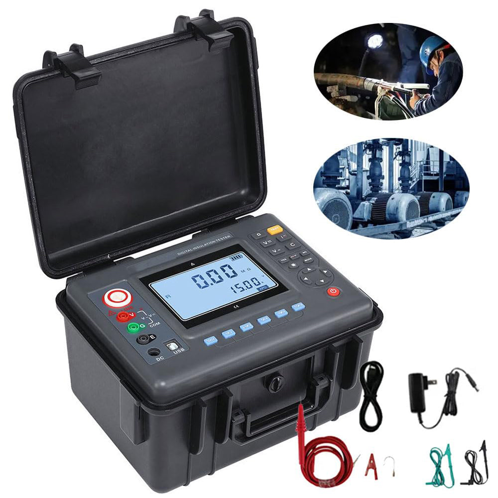 VTSYIQI 15 kV Insulation Tester Digital HV Insulation Tester Meter with Insulation Resistance 0.01MΩ to 50TΩ Resolution 0.01MΩ Voltage Range 0 to 750V Resolution 0.1V DC Current 0.1nA to 6mA Resolution 0.1nA