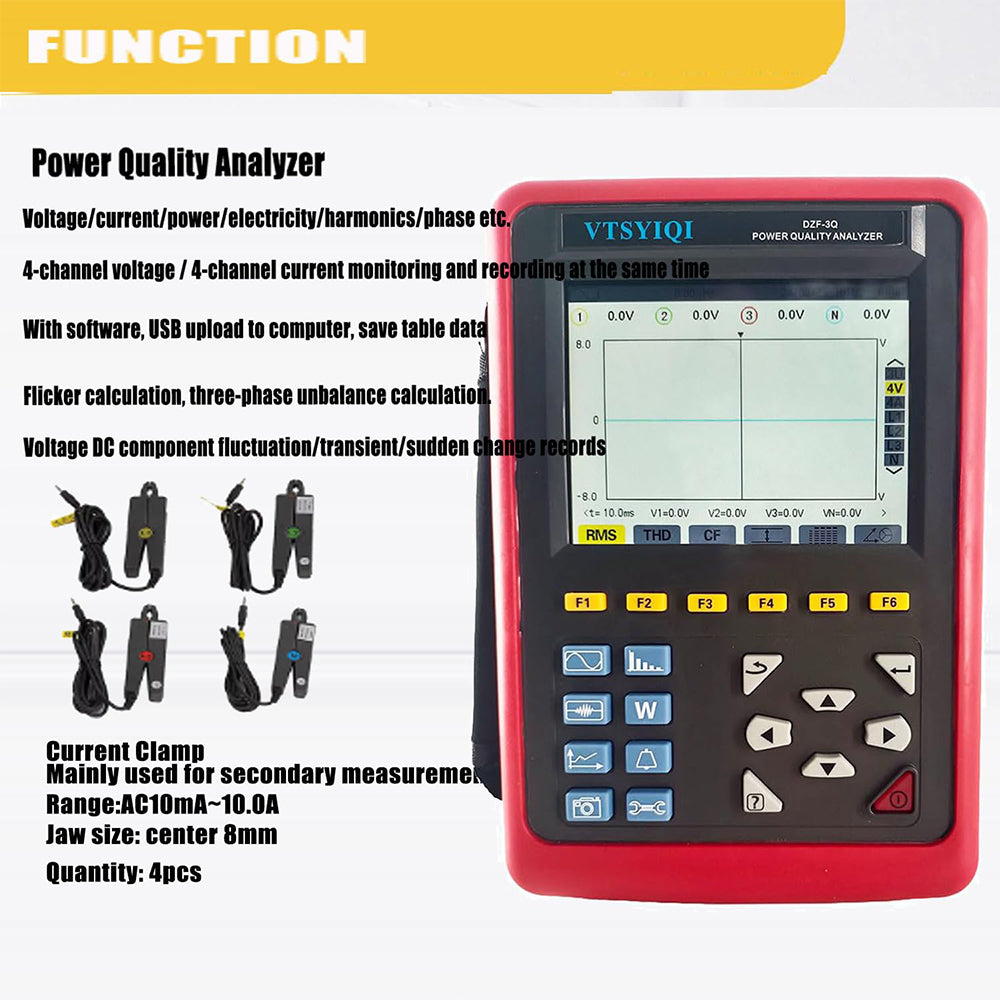 VTSYIQI Three Phase Power Quality Analyzer Power Quality Monitor Analyzer Meter with Small Sharp Current Clamp 7.5mm×13mm Range 10mA～10.0A LCD Color Screen USB Interface Parameter W VA VAR PF DPF cosφ tanφ Wh Varh Vah