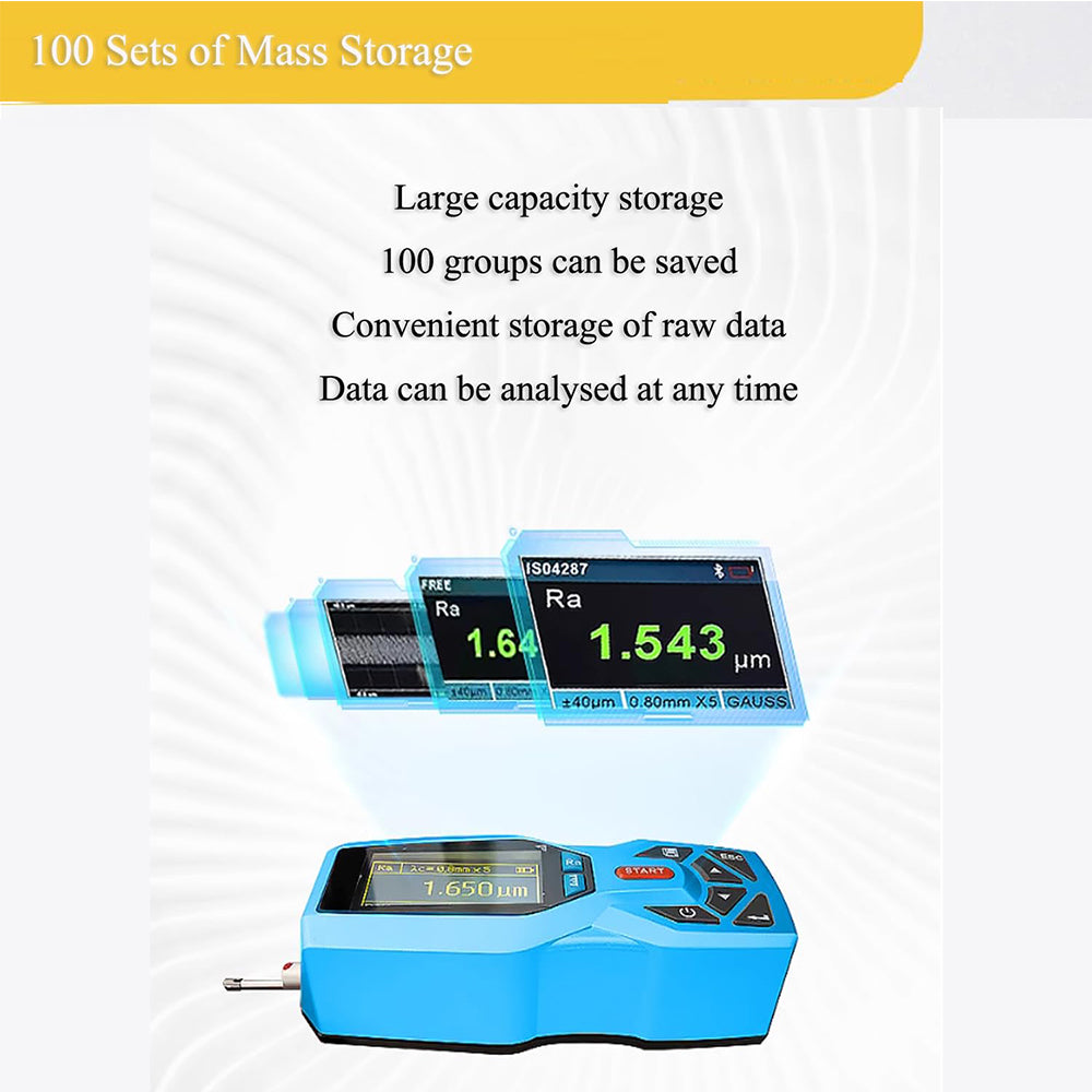 VTSYIQI Digital Surface Roughness Tester Meter 20 Parameters Handheld Portable Surface Profilometer with Range Ra 0.005 to 16.000um Rz 0.02 to 160.00um Indication Accuracy 0.001μm Range Ra Rz Real-time Clock Settings and Display