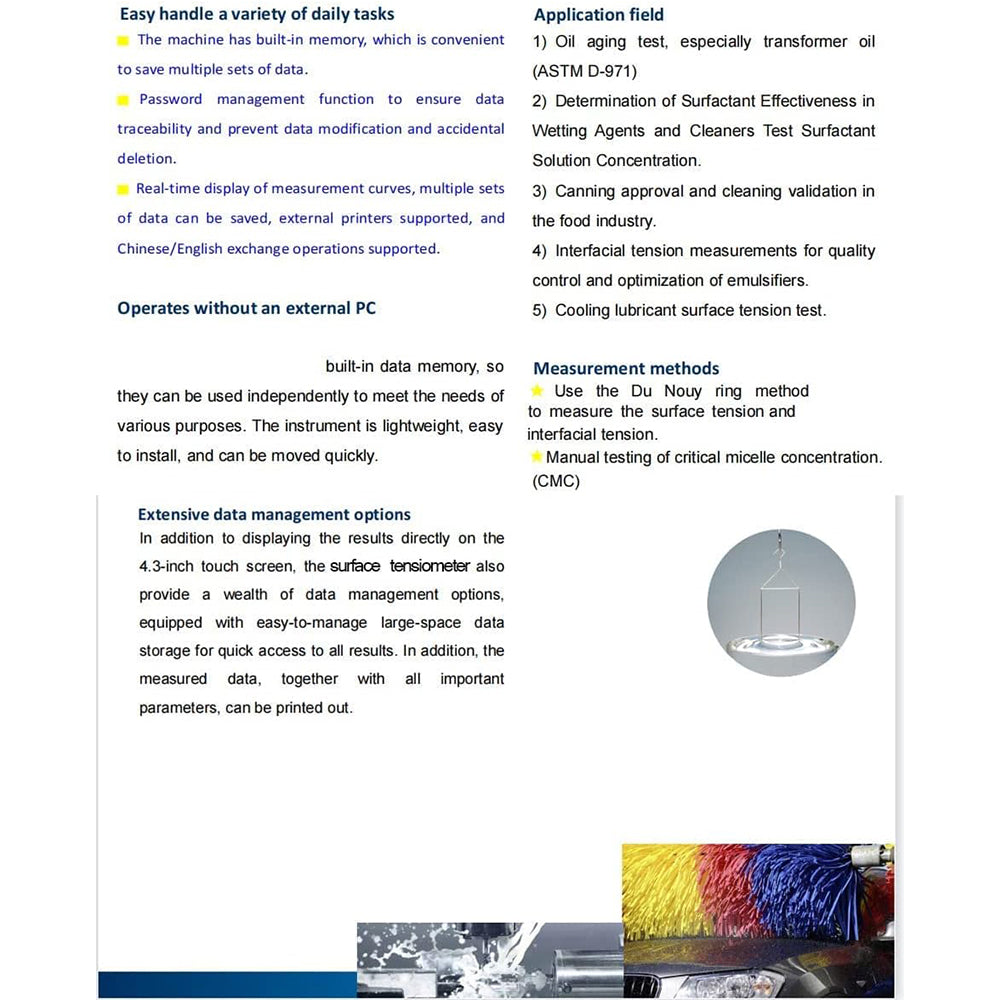 VTSYIQI Surface Tensiometer Surface Tension Measurement Automatic Surface Tensiometer with Test Range 0-1000mN/m Precision 0.1mN/m Du Nouy Ring Method ASTM D-971 Standard