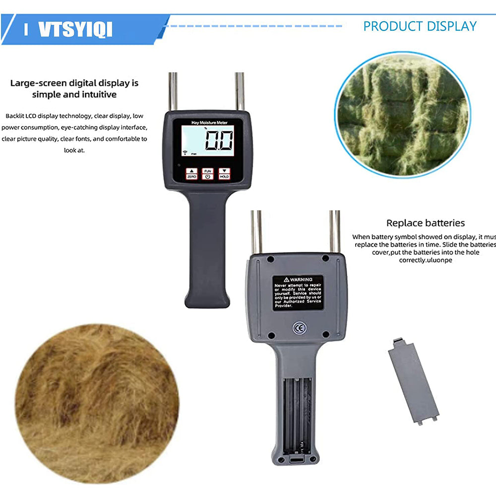 VTSYIQI Hay Moisture Meter Tester Multfunctional Moisture Meter Digital Fibre Moisture Meter with Measuring Range 0 to 80% for Alfalfa Pasture Knots Straw Etc