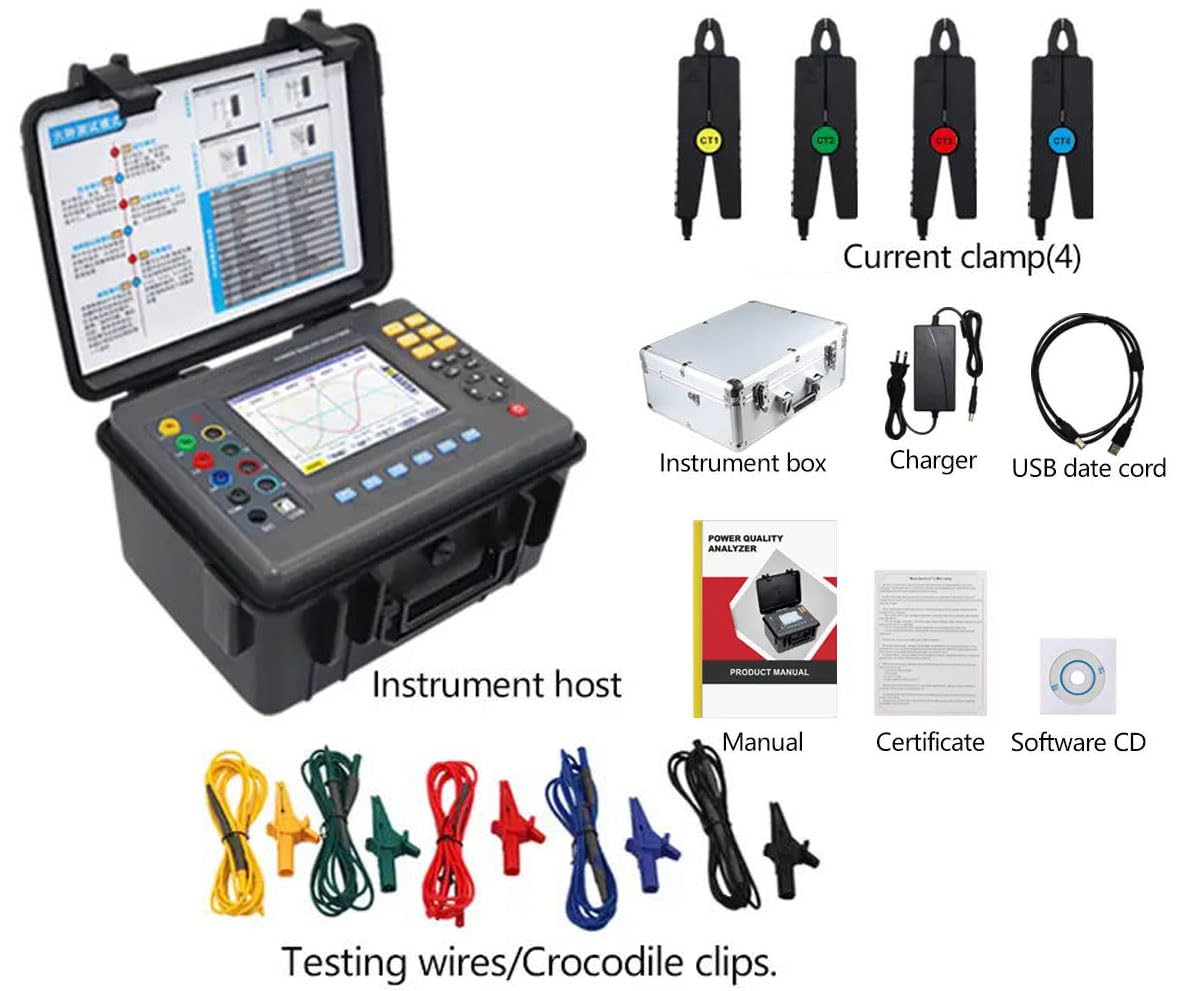 VTSYIQI Power Quality Analyzer Meter Energy Analyzer 3-Phase Power Analyzer with Small Sharp Current Clamp 8mm×15mm Current Clamp 10mA-10.0A Real-time Waveform Display USB 150 Groups Data Records