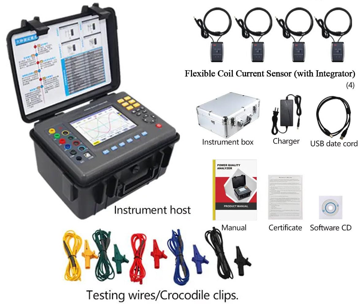 VTSYIQI Three Phase Power Quality Analyzer Power Energy Meter with Flexible Coil Current Sensor Ф300mm Range 10A-6000A Transformer K Factor Calculation