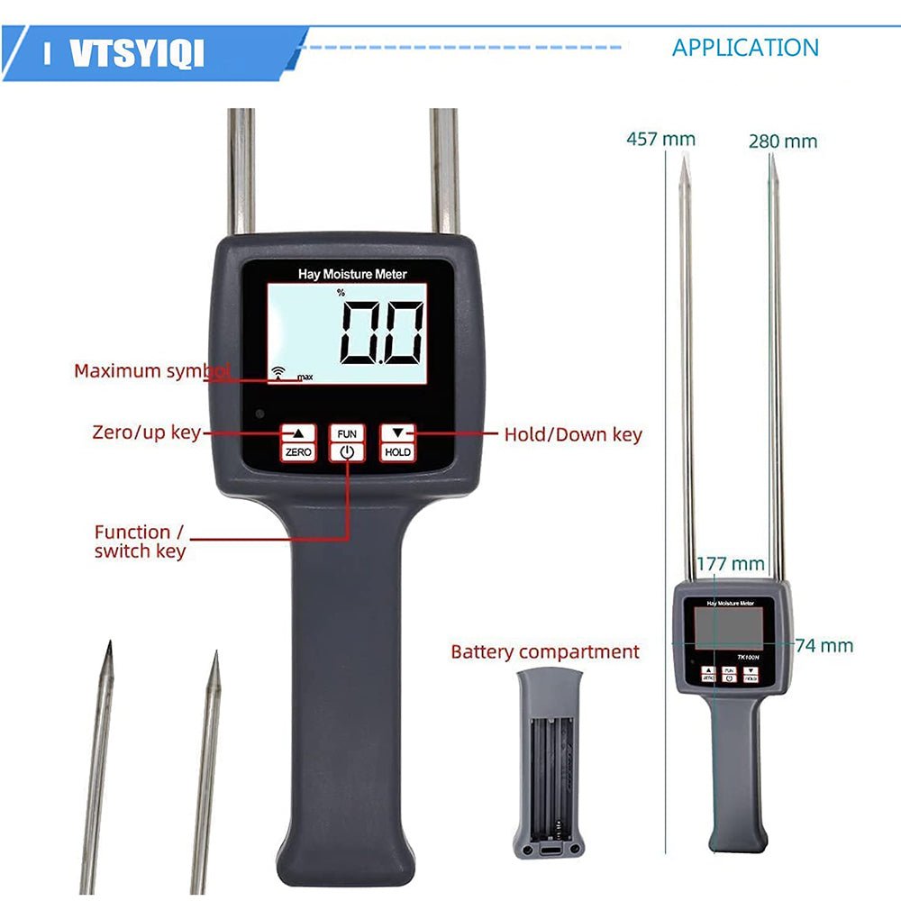 VTSYIQI  Hay Moisture Meter Tester Multfunctional Moisture Meter Digital Fibre Moisture Meter  With Measuring Range 0 to 80% for Alfalfa Pasture Knots Straw Etc