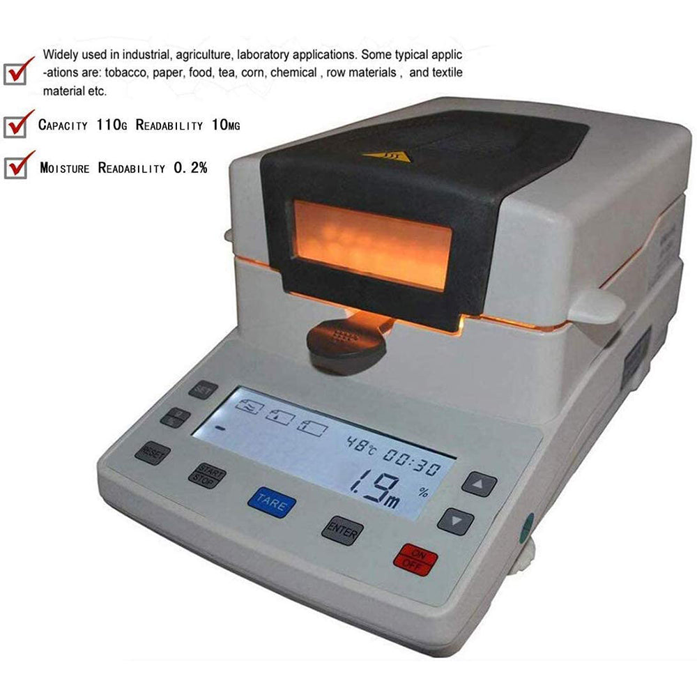 VTSYIQI Halogen Rapid Moisture Analyzer Halogen Moisture Meter with Capacity 110g Moisture Readability 10mg 0.01g 0.2% for Food papermaking Mining Industries Powder Tea Meat