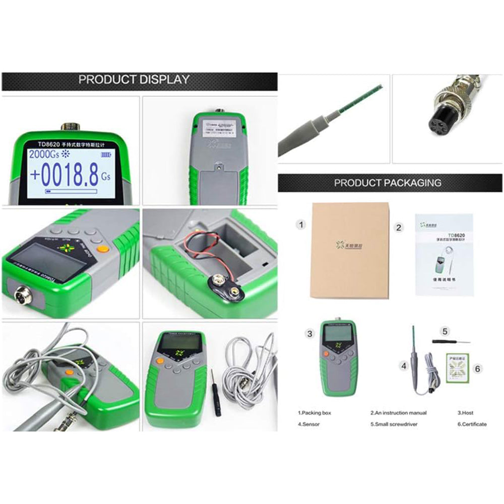 VTSYIQI Axial Probe Tesla Tester Gauss Meter Surface Magnetic Field Testers with Axial Probe Guass Meters Ns Function Metal Probe 0-2400mT 1% Accuracy