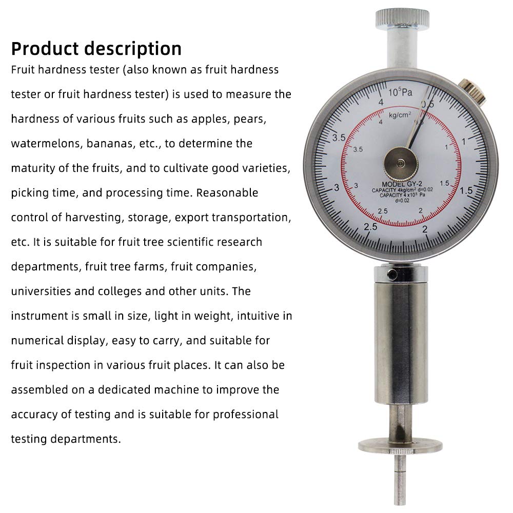 VTSYIQI  Fruit Hardness Tester Fruit Penetrometer Sclerometer Fruit Penetrometer Fruits Sclerometer Fruit Firmness Tester Fruit Durometer Hardness Tester 0.5-4kg/cm 2 (x10 5pa) Pressure Head 3.5mm