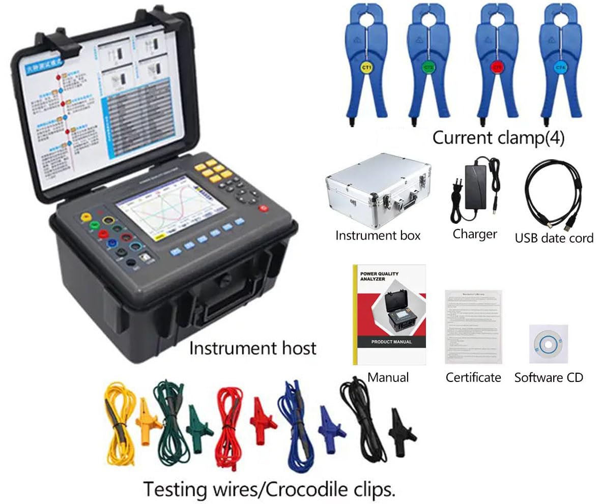 VTSYIQI Power Quality Meter Analyzer Three Phase Energy Quality Analyzer with Circle Current Clamp 20mm×20mm Current Clamp 0.10A-100A Frequency 40Hz-70Hz Six Test Models True RMS Function