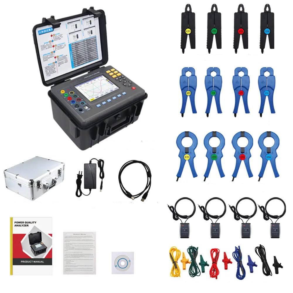 VTSYIQI Multifunctional 3 Phase Power Analyzer Energy Quality Meter with Current 10mA-6000A 1set Small Sharp 2sets Circle Current 1set Flexible Coil Current Clamp USB Interface Real-Time Display