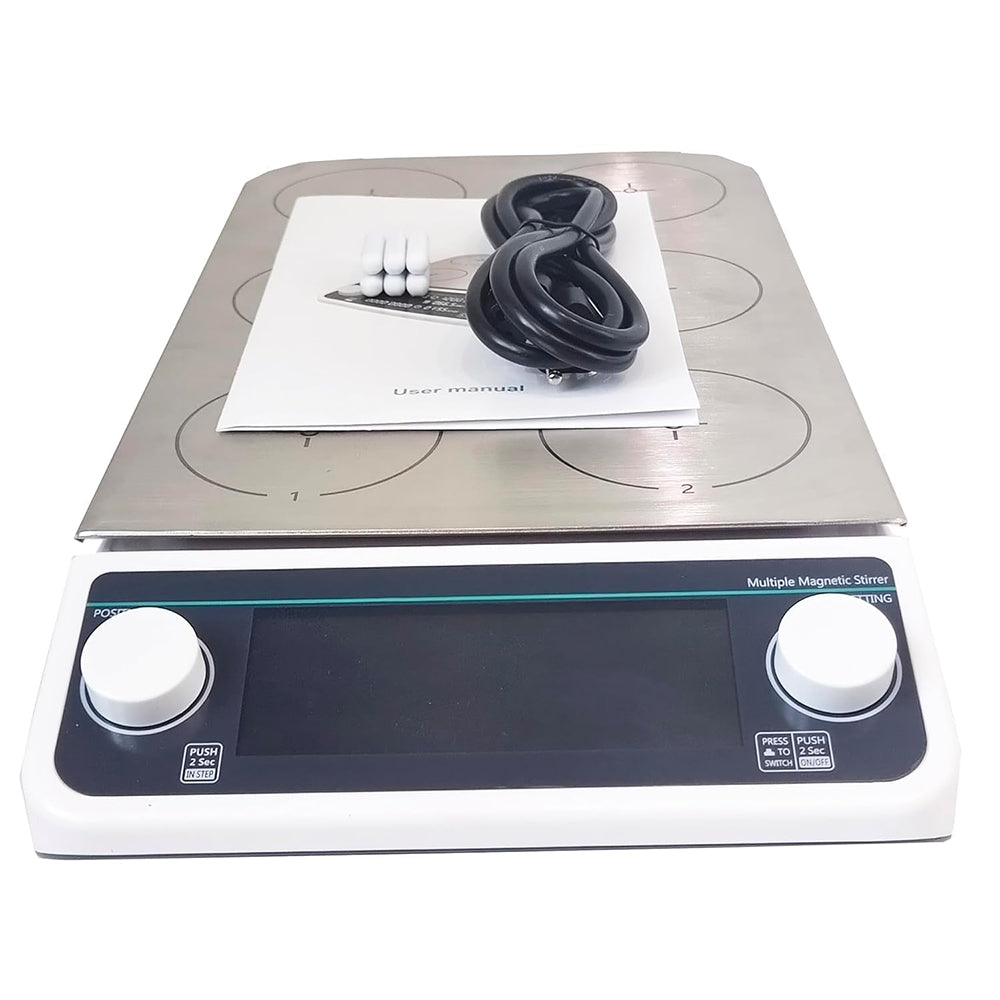 VTSYIQI Hot Plate 6 Position Magnetic Stirrer Laboratory Magnetic Stirrer with Number of Stirring Points 6 Plate Material 304 Stainless Steel Max Stirring Volume 6 * 500 ML LCD Display Maximum Countertop Temperature 120 °C Timing 1min - 19h59min