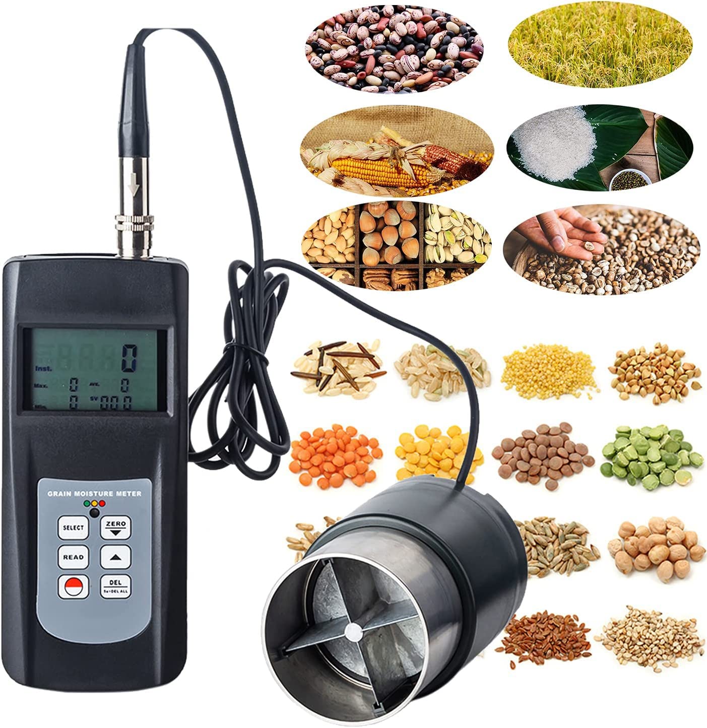 VTSYIQI Digital Grain Moisture Meter Pinless Moisture Tester Datalogger For Seed Wood Rice Coffee Wheat Moisture Test With 0 to 50% Range Cup Sensor LED Indicator Tester