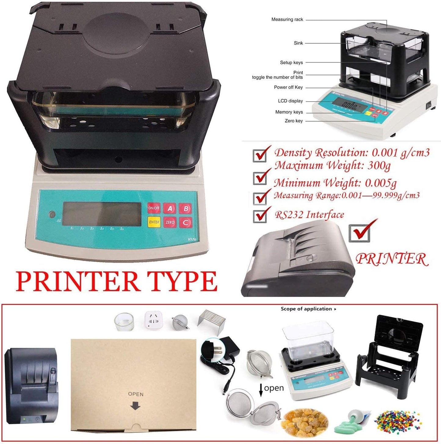 VTSYIQI Solid Density Meter 0.005 to 300g with Thermal Printer DH-40 for Plastic Rubber Metal Solid