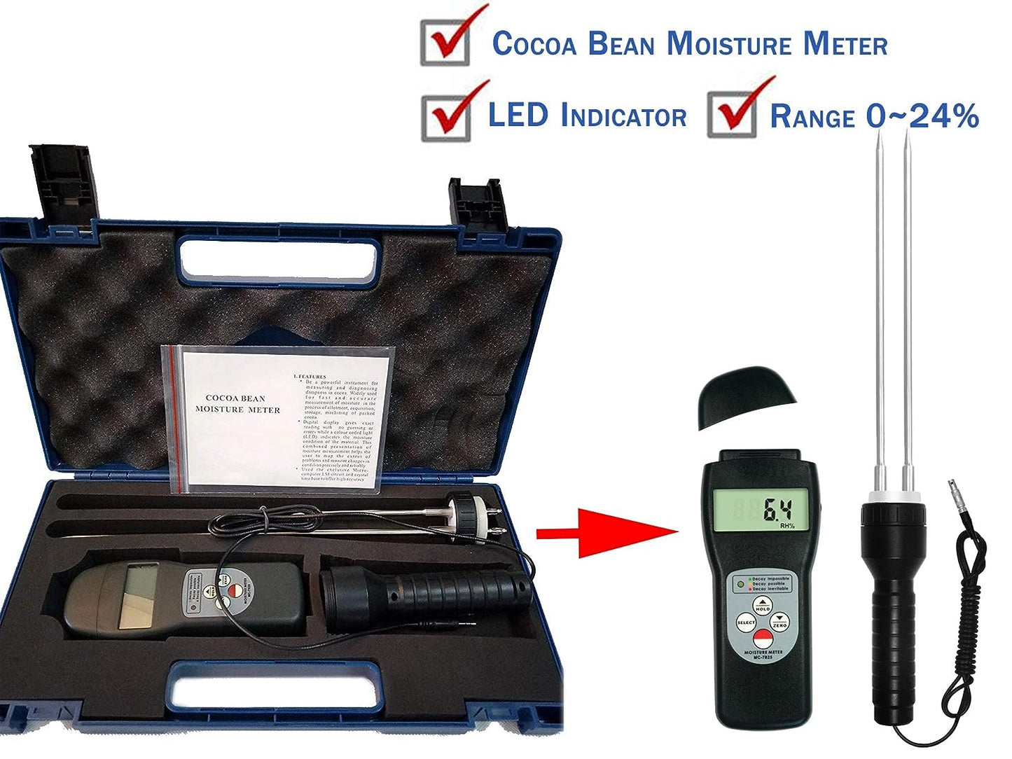 VTSYIQI Digital Cocoa Bean Moisture Meter Tester Cocoa Bean Humidity Tester With 0 to 24% for Cocoa Bean Water Measurement LCD